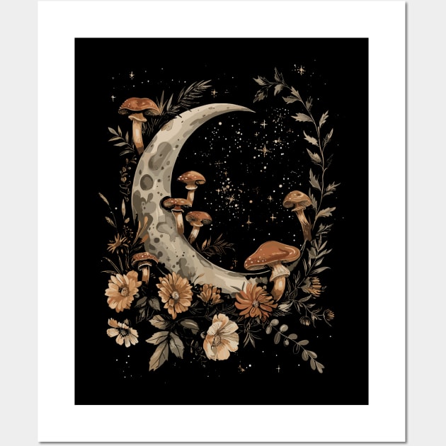 Cute Moon Spring Flowers Mycology Retro Magical Moon Fairycore Wall Art by RetroZin